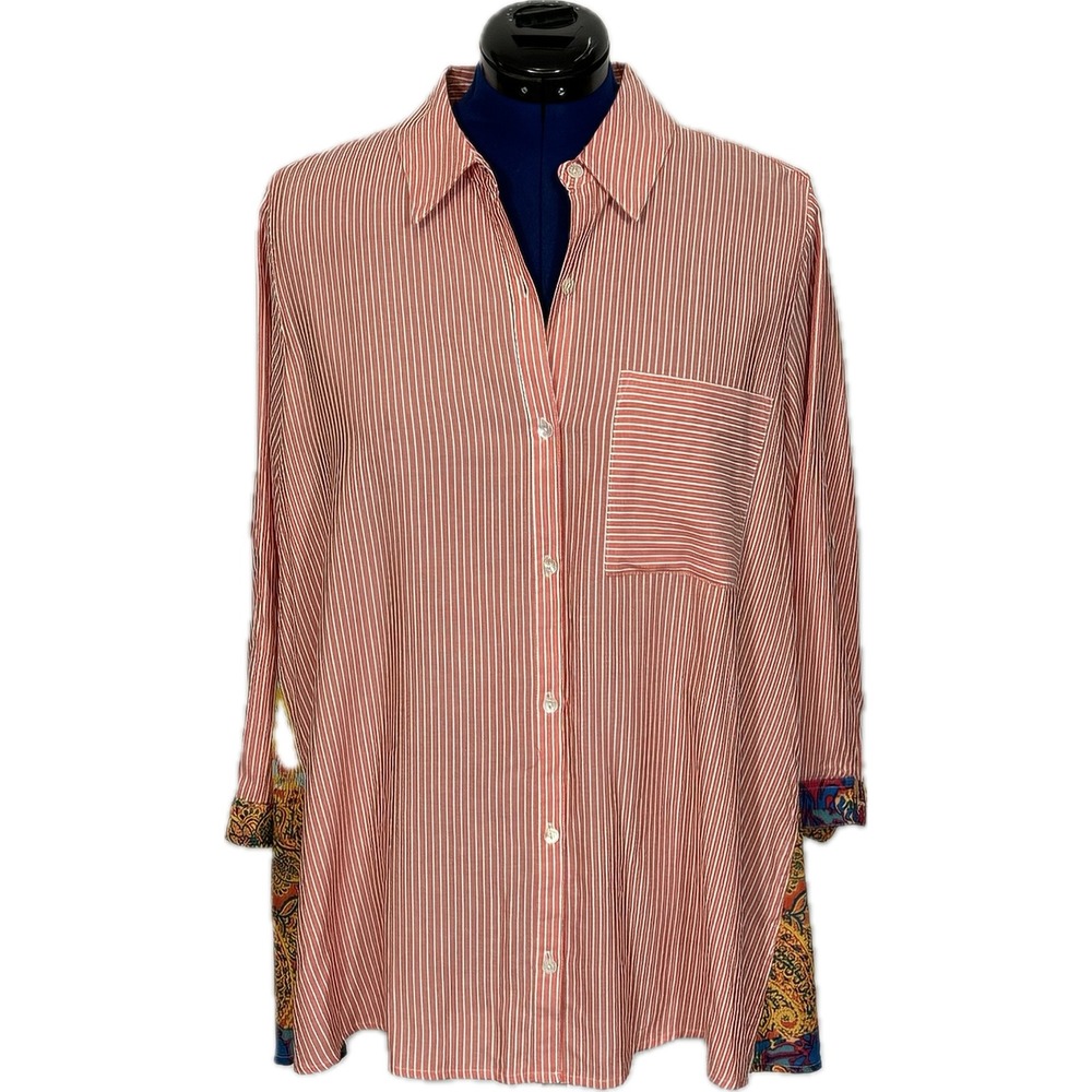 Intro Button Front Tunic Mixed Print Back Striped 1X Red White Boho Mixed‎ Media